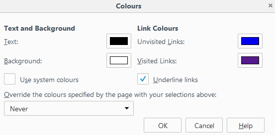 Colour options for text, background, unvisited links and visited links, for systems colours, for underlining links and for specifying when the chosen colours should be applied