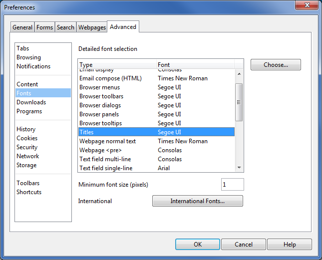 dialog with long list of webpage and browser features for which one can select a font face, described in detail below.