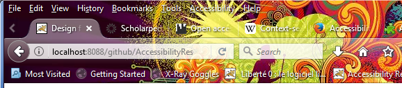 Menu bar, tab bar, URL bar and bookmarks bar in Firefox. The names of the menu items and the bookmarks are white. The left part of the user interface has a dark background; the right part has a colourful background image with that makes the white text hard to read.